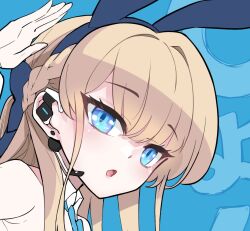 Rule 34 | 1girl, blonde hair, blue archive, blue eyes, detached collar, hand up, highres, hm (hmongt), japanese text, looking at viewer, open mouth, solo, toki (blue archive), toki (bunny) (blue archive), twitter