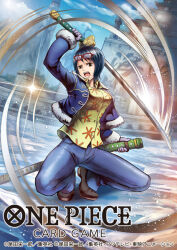 Rule 34 | 1girl, blue hair, blue shirt, collared shirt, commentary request, copyright name, cropped jacket, denim, eyewear on head, glint, holding, holding sword, holding weapon, jeans, looking at viewer, nekobayashi, official art, one piece, one piece card game, pants, shirt, short hair, solo, squatting, sword, tashigi, unsheathed, weapon, yellow shirt