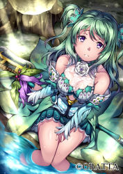 Rule 34 | 1girl, blush, breasts, cleavage, company name, decchi oyabun, detached sleeves, flower, from above, green hair, hand on own thigh, holding, knees together feet apart, lens flare, long hair, looking at viewer, looking up, original, parted lips, purple eyes, sitting, skirt, soaking feet, solo, sunlight, tree stump, two side up, water, watermark