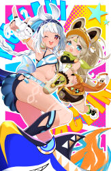 2girls absurdres bandaid bandaid_on_leg bare_shoulders blue_eyes blue_hair blue_hairband blush body_markings braid breasts chinchilla_ears chinchilla_girl chinchilla_tail colored_inner_hair commentary_request crop_top finger_gun fingerless_gloves genshin_impact gloves hairband highres kachina_(genshin_impact) light_brown_hair long_hair looking_at_viewer mualani_(genshin_impact) multicolored_hair multicolored_nails multiple_girls navel one_eye_closed open_mouth red_eyes rinmel9 short_eyebrows short_shorts shorts small_breasts smile stomach twin_braids twintails visor_cap white_gloves white_hair