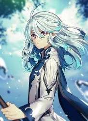 Rule 34 | 10s, bishounen, blue hair, long hair, male focus, mikleo (tales), multicolored hair, official alternate costume, purple eyes, solo, staff, tales of (series), tales of zestiria, two-tone hair, water, white hair