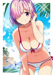 Rule 34 | 1girl, adapted costume, bikini, breasts, cowboy shot, fate/grand order, fate (series), front-tie top, hair over one eye, tucking hair, highres, leaning forward, looking at viewer, mash kyrielight, mash kyrielight (swimsuit of perpetual summer), medium breasts, navel, official alternate costume, purple eyes, purple hair, short hair, side-tie bikini bottom, smile, solo, swimsuit, tomitayaki, water, wet, white bikini