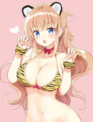 Rule 34 | 1girl, akina tsukako, animal ears, animal print, bikini, bikini top only, blonde hair, blue eyes, bottomless, bow, breasts, cleavage, detached collar, fang, groin, heart, highres, large breasts, long hair, looking at viewer, navel, open mouth, original, pink background, red bow, simple background, solo, swimsuit, tiger ears, tiger print, upper body, wrist cuffs