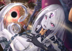 Rule 34 | 1girl, abigail williams (fate), abigail williams (third ascension) (fate), bare shoulders, black bow, black hat, black hole, black panties, bow, breasts, colored skin, fate/grand order, fate (series), forehead, glowing, glowing eye, hat, highres, key, keyhole, long hair, looking at viewer, mukai, multiple bows, open mouth, orange bow, panties, parted bangs, pink eyes, polka dot, polka dot bow, small breasts, solo, space, staff, star (sky), thighs, third eye, underwear, very long hair, white hair, white skin, witch hat
