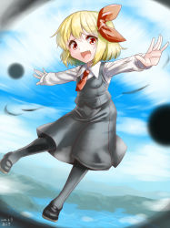 Rule 34 | 1girl, :d, araki (qbthgry), black skirt, blonde hair, fang, floating, hair ribbon, open mouth, outstretched arms, pantyhose, red eyes, ribbon, rumia, shirt, short hair, skirt, smile, solo, spread arms, touhou, vest