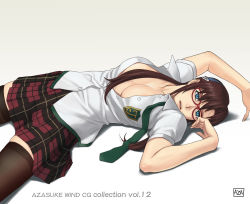 Rule 34 | 1girl, artist name, azasuke, black thighhighs, blue eyes, breasts, brown hair, cleavage, glasses, highres, large breasts, long hair, lying, makinami mari illustrious, necktie, neon genesis evangelion, no bra, on back, open clothes, open shirt, plaid, plaid skirt, rebuild of evangelion, revision, school uniform, shirt, simple background, skirt, solo, thighhighs, twintails, white background, zettai ryouiki