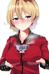 Rule 34 | 10s, 1girl, absurdres, bad id, bad twitter id, blonde hair, blue eyes, blush, braid, breast hold, breasts, chromatic aberration, covered erect nipples, cup, darjeeling (girls und panzer), ear blush, french braid, girls und panzer, hair between eyes, highres, kurutsuki, solo, st. gloriana&#039;s military uniform, steam, sweatdrop, tawawa challenge, teacup, upper body, white background