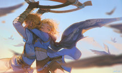 Rule 34 | 1boy, 1girl, aircraft, alzi xiaomi, arms up, belt, bird, black cape, black gloves, blonde hair, blue eyes, blue shirt, blue sky, blurry, braid, brown hair, brown pants, cape, commentary request, cowboy shot, crown braid, day, depth of field, fingerless gloves, glider, gliding, gloves, green eyes, hair ornament, hairclip, highres, link, long sleeves, looking at viewer, nintendo, one eye closed, outdoors, pants, paraglider, pointy ears, princess zelda, sheikah slate, shirt, short hair, short ponytail, signature, sky, the legend of zelda, the legend of zelda: breath of the wild, the legend of zelda: tears of the kingdom, underbust, white pants