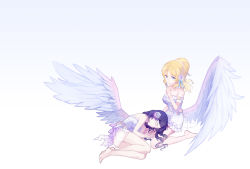 Rule 34 | 2girls, angel, angel wings, ayase eli, bare legs, bare shoulders, blonde hair, blue bow, blue eyes, bow, closed eyes, cuivre, dress, dress flower, feet, finger to own chin, flower, frilled dress, frilled sleeves, frills, gradient background, hair between eyes, hair bow, hair flower, hair ornament, hairclip, long hair, love live!, lying, multiple girls, ponytail, purple hair, purple ribbon, ribbon, sleeping, sleeping on person, smile, thighs, tojo nozomi, white background, wings, yuri