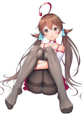 Rule 34 | absurdres, ahoge, bare shoulders, black pantyhose, chinese commentary, detached sleeves, dyed ahoge, feet, highres, knees together feet apart, long hair, looking at viewer, panties, panties under pantyhose, pantyhose, pleated skirt, red skirt, ribbon, shadow, shinka musume, shinka musume channel, skirt, solo, tank top, thighband pantyhose, thighhighs, twintails, underwear, virtual youtuber, white background, white panties, white tank top, xiaoxi0619, yellow eyes