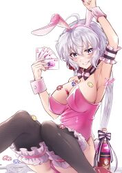 Rule 34 | 1girl, alternate costume, anxflower, arm scrunchie, arm up, bottle, bow, bowtie, breasts, card, cleavage, grey hair, grin, highres, holding, holding card, large breasts, leotard, long hair, pink leotard, playboy bunny, poker chip, purple eyes, senki zesshou symphogear, sitting, smile, solo, thigh scrunchie, thighhighs, very long hair, wine bottle, wrist cuffs, yukine chris