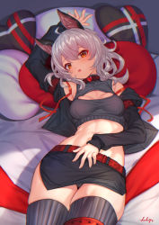 Rule 34 | 1girl, animal ears, armpits, arpeggio kaga, belt, black jacket, black skirt, breasts, cleavage, commentary request, copyright request, grey hair, heart, heart-shaped pillow, highres, jacket, looking at viewer, lying, medium breasts, medium hair, navel, on back, orange eyes, pillow, red belt, signature, skirt, thighs