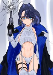 Rule 34 | 1girl, absurdres, aran legwear, blue eyes, blue hair, bullet hole, cable knit, commentary, detached sleeves, english commentary, garter straps, grey garter straps, gun, hair intakes, handgun, highres, hololive, hololive english, jacket, jacket on shoulders, koizumi arata, looking at viewer, mafia, meme attire, multicolored hair, ouro kronii, panties, revolver, ribbed legwear, ribbed panties, ribbed sleeves, ribbed sweater, ribbed thighhighs, short hair, side-tie panties, sleeveless, sleeveless sweater, sleeveless turtleneck, solo, sweater, turtleneck, turtleneck sweater, underwear, virgin destroyer sweater, virtual youtuber, weapon, white garter straps, white sweater