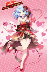 Rule 34 | 1girl, anniversary, bare shoulders, blue eyes, blue hair, blush, breasts, brown gloves, character name, cleavage, dress, english text, floral print, flower, glint, gloves, hair flower, hair ornament, heart, high heels, highres, kubota masaki, looking at viewer, medium hair, mituki kurara, open mouth, original, patterned, patterned background, patterned clothing, pinky out, polka dot, polka dot background, red flower, red footwear, red rose, ribbon, rose, smile, solo, teeth, tongue, upper teeth only, virtual youtuber