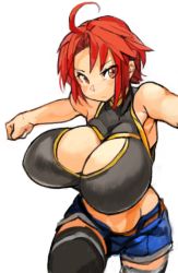 Rule 34 | 1girl, ahoge, bare shoulders, belt, black thighhighs, breasts, character request, cleavage cutout, clothing cutout, copyright request, denim, denim shorts, groin, huge breasts, perky breasts, red eyes, red hair, sachito, short hair, shorts, simple background, sleeveless, solo, thighhighs, white background, zettai ryouiki