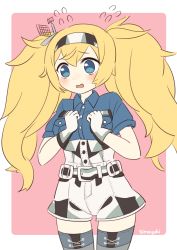 Rule 34 | 1girl, artist name, belt, blonde hair, blue eyes, blue shirt, blush, breast pocket, breasts, clenched hands, commentary request, flying sweatdrops, gambier bay (kancolle), ganbaruzoi, gloves, hairband, headgear, highres, kantai collection, long hair, open mouth, pocket, shirt, short sleeves, simoyuki, simple background, solo, thighhighs, twintails