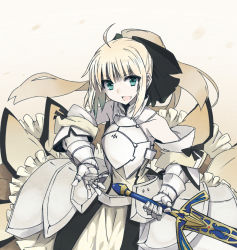 Rule 34 | 1girl, ahoge, armor, armored dress, artoria pendragon (all), artoria pendragon (fate), bad id, bad pixiv id, blonde hair, caliburn (fate), capcom, detached sleeves, dress, fate/stay night, fate/unlimited codes, fate (series), gauntlets, green eyes, open mouth, ponytail, saber (fate), saber lily, smile, solo, sword, vane (vane0), weapon