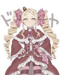 Rule 34 | 1girl, beatrice (re:zero), blue eyes, bow, capelet, drill hair, frilled bow, frills, hands on own hips, highres, pantyhose, pink bow, pink pupils, pom pom (clothes), re:zero kara hajimeru isekai seikatsu, red capelet, simple background, smile, solo, striped clothes, striped pantyhose, symbol-shaped pupils, tanone2525, twin drills, white background, wide sleeves