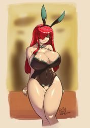 Rule 34 | 1girl, animal ears, breasts, cleavage, collarbone, cutout, erza scarlet, fairy tail, fake animal ears, hairband, huge breasts, kingjnar, leotard, long hair, playboy bunny, pussy, rabbit ears, red hair, thick thighs, thighs, wide hips