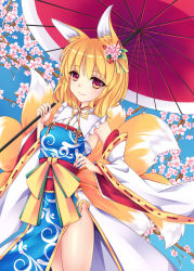 Rule 34 | 1girl, alternate costume, animal ears, blonde hair, blush, breasts, detached sleeves, dress, flower, fox ears, fox tail, fred0092, hair flower, hair ornament, highres, looking at viewer, multiple tails, oil-paper umbrella, short hair, smile, solo, tail, touhou, umbrella, yakumo ran, yellow eyes