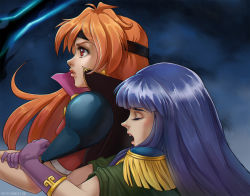 Rule 34 | 2girls, arm hug, artist request, blue hair, cape, closed eyes, epaulettes, female focus, friends, from side, gloves, headband, hime cut, hug, lina inverse, lips, long hair, magic, multiple girls, open mouth, orange hair, outdoors, parted lips, purple gloves, round teeth, serious, short sleeves, slayers, sylphiel nels lahda, teeth, witch, yuri