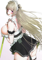 Rule 34 | 1girl, absurdres, amano don, arm strap, ass, black skirt, breasts, commentary request, goddess of victory: nikke, grey hair, hair bun, highres, large breasts, long hair, looking at viewer, maid, maid headdress, mole, mole on breast, open mouth, panties, pouch, purple eyes, simple background, single hair bun, skirt, sleeveless, smile, soda (nikke), solo, thighs, underwear, white background, white headwear, white panties