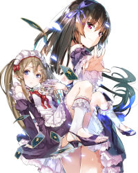 Rule 34 | 10s, 1boy, 2girls, ayasaki hikaru, blue eyes, bobby socks, book, bow, brown hair, card, cover, cover page, detached sleeves, elf, feet, frills, hair bow, hair ribbon, kneehighs, knees together feet apart, long hair, looking away, looking back, maid, maid headdress, multiple girls, myucel foalan, novel cover, official art, open book, outbreak company, pointy ears, purple eyes, ribbon, sandals, simple background, sitting, socks, toeless legwear, toes, trap, twintails, white background, yuugen