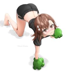 Rule 34 | 1girl, 2022, 20s, absurdres, all fours, ass, bare legs, barefoot, blush, brown eyes, brown hair, character name, embarrassed, female focus, flower, full body, gloves, gym shorts, hair flower, hair ornament, highres, kinrucy, looking at viewer, matching hair/eyes, misaka mikoto, open mouth, short hair, shorts, simple background, solo, toaru kagaku no railgun, toaru majutsu no index, toes, white background