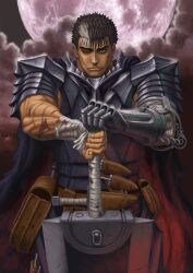 Rule 34 | 1boy, arm wrap, armor, bandaged arm, bandages, berserk, black hair, blood, blood on arm, breastplate, cape, cloud, cloudy sky, cuirass, dragonslayer (sword), greatsword, guts (berserk), hand wraps, highres, holding, holding sword, holding weapon, huge weapon, knife sheath, leather, looking at viewer, miura kentarou, moon, moonlight, muscular, muscular male, official art, one eye closed, plate armor, pouch, prosthesis, prosthetic arm, scar, scar on arm, scar on face, scar on nose, sheath, short hair, shoulder armor, sky, solo, spiked hair, sword, textless version, weapon