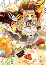 Rule 34 | 1girl, absurdres, apron, bird, black footwear, black ribbon, blonde hair, bow, branch, cake, chick, chocolate, cocktail, cocktail glass, collar, cup, drinking glass, flower, food, fork, frilled apron, frilled collar, frills, fruit, grapes, green eyes, hair ribbon, hairband, has bad revision, has downscaled revision, highres, holding, holding fork, ice, iced tea, lace, lace-trimmed skirt, lace trim, long hair, mary janes, md5 mismatch, mini person, minigirl, niikura kaori, original, pennant, pigeon-toed, pink bow, plate, puffy short sleeves, puffy sleeves, rabbit, resolution mismatch, ribbon, shoes, short sleeves, sitting, skirt, solo, source smaller, strawberry, striped ribbon, suspenders, sweets, very long hair, whipped cream, white flower, wristband
