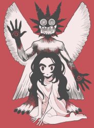 Rule 34 | 1girl, barefoot, black eyes, black hair, character request, check character, check copyright, copyright request, gashi-gashi, limited palette, long hair, looking at viewer, parted lips, pazuzu, red background, shirt, simple background, solo, the exorcist, white shirt