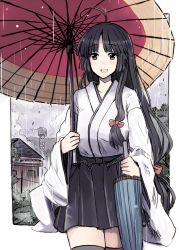 Rule 34 | 10s, 1girl, ahoge, artist request, black hair, blunt bangs, bow, brown eyes, brown hair, closed umbrella, cloud, eyebrows, hair bow, holding, holding umbrella, house, japanese clothes, kantai collection, long hair, long sleeves, low twintails, miniskirt, mizumoto tadashi, open mouth, pleated skirt, ponytail, rain, shouhou (kancolle), skirt, sky, smile, solo, thighhighs, tree, twintails, umbrella, wide sleeves