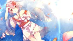 Rule 34 | 1girl, afloat, blush, body blush, braid, floating, flower, hair flower, hair ornament, hand on own forehead, highres, in water, japanese clothes, long hair, mao yuzi, off shoulder, petals, pink eyes, pink hair, ribbon-trimmed clothes, ribbon trim, sergestid shrimp in tungkang, solo, water, wide sleeves, xuan ying
