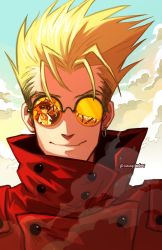Rule 34 | 2boys, blonde hair, classystaches, closed mouth, cloud, cloudy sky, cross, earrings, highres, jewelry, looking at another, multicolored sky, multiple boys, nicholas d. wolfwood, reflection, short hair, single earring, sky, smile, sunglasses, trigun, twitter username, vash the stampede
