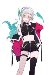 Rule 34 | 1girl, belt, black belt, black shorts, blue eyes, contrapposto, cowboy shot, crop top, fingernails, fishnet thighhighs, fishnets, flat chest, goggles, green nails, hand up, hat, head wings, highres, horizontal pupils, indie virtual youtuber, jacket, lipstick, looking at viewer, makeup, midriff, mole, mole under mouth, nail polish, navel, navel piercing, open clothes, open jacket, piercing, pochi (pochi-goya), pochimaru (vtuber), pochimaru (vtuber) (1st costume), red lips, shorts, simple background, single leg pantyhose, single thighhigh, smile, solo, standing, suction cups, tentacles, thigh strap, thighhighs, virtual youtuber, white background, wings
