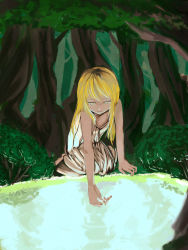 Rule 34 | 1girl, at2., blonde hair, closed mouth, dress, expressionless, forest, highres, kneeling, looking away, looking down, nature, original, outdoors, puddle, reaching, reaching towards viewer, scenery, sleeveless, sleeveless dress, solo, tree, white dress, yellow eyes