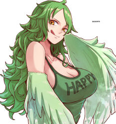 Rule 34 | 1girl, :q, aosora2823, artist name, breasts, cleavage, clothes writing, commentary, green hair, green tank top, green wings, harp, highres, instrument, large breasts, long hair, looking at viewer, monet (one piece), one piece, simple background, solo, tank top, tongue, tongue out, upper body, white background, wings, yellow eyes