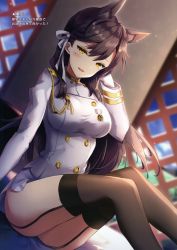 Rule 34 | 1girl, absurdres, animal ears, arm behind head, arm support, ass, atago (azur lane), azur lane, black hair, black thighhighs, blue sky, blush, breasts, brown eyes, cloud, day, extra ears, garter straps, gloves, hair ribbon, hand on own head, highres, indoors, jacket, knees up, large breasts, light particles, long hair, looking at viewer, medal, military, military uniform, miniskirt, mole, mole under eye, non (nobu), open mouth, ribbon, scan, sidelocks, sitting, skirt, sky, smile, solo, swept bangs, thighhighs, thighs, uniform, white jacket, white ribbon, white skirt