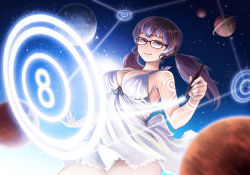 Rule 34 | 1girl, bare shoulders, black-framed eyewear, breasts, brown hair, cleavage, closed mouth, dress, glasses, highres, holding, jchoy, long hair, looking at viewer, medium breasts, pixiv, pixiv-tan, planet, purple eyes, sleeveless, sleeveless dress, smile, solo, stylus, tattoo, twintails, white dress