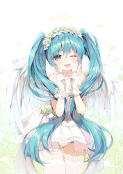 Rule 34 | 1girl, ;d, angel wings, aqua eyes, aqua hair, bad id, bad pixiv id, bare shoulders, commentary, garter straps, gloves, hair between eyes, halo, hatsune miku, heart, heart-shaped pupils, highres, jewelry, long hair, looking at viewer, mvv, necklace, one eye closed, open mouth, round teeth, smile, solo, symbol-shaped pupils, teeth, thighhighs, twintails, very long hair, vocaloid, white gloves, white thighhighs, wings