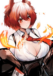 Rule 34 | 1girl, absurdres, arknights, artist name, black skirt, blush, breasts, bright pupils, burnt clothes, cleavage, closed mouth, commentary request, eyebrows hidden by hair, feather hair, fiammetta (arknights), fire, high-waist skirt, highres, large breasts, looking down, necktie, no bra, nose blush, open clothes, open shirt, red eyes, red hair, red necktie, shirt, short hair, simple background, skirt, solo, torn clothes, torn necktie, torn shirt, twitter username, unbuttoned, unbuttoned shirt, upper body, wawamachi (wawamachis), white background