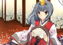 Rule 34 | 10s, 1girl, alternate costume, asymmetrical hair, black hairband, blunt bangs, cherry blossoms, closed mouth, commentary, crown, eyes visible through hair, floral print, folding fan, folding screen, grey hair, hair ribbon, hairband, hand fan, hina ningyou, hinamatsuri, holding, holding fan, indoors, japanese clothes, kantai collection, karaginu mo, kasumi (kancolle), kimono, layered clothes, layered kimono, long hair, looking at viewer, multicolored clothes, multicolored kimono, petals, print kimono, ribbon, ribbon trim, sheita, side ponytail, sitting, smile, solo, sparkle, string, string of fate, white ribbon, wide sleeves, wooden floor, yellow eyes