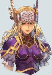 Rule 34 | 1girl, armor, blonde hair, blue eyes, breasts, closed mouth, frilled sleeves, frills, gem, gold armor, grey background, headdress, helmet, hungry clicker, long hair, looking to the side, native american headdress, purple armor, red gemstone, short sleeves, silmeria valkyrie, simple background, solo, tied sleeves, valkyrie profile (series), white sleeves