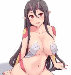 Rule 34 | 1girl, amane hasuhito, arm support, bad id, bad pixiv id, black hair, blush, breasts, cleavage, collarbone, fang, fingernails, horns, large breasts, long hair, looking at viewer, navel, oni, oni horns, original, pointy ears, red eyes, revealing clothes, sharp fingernails, sidelocks, sitting, smile, solo