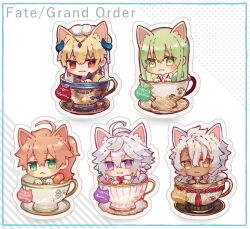 Rule 34 | 1other, 4boys, :3, ahoge, animal ear fluff, animal ears, blonde hair, blue border, blush, border, braid, cat boy, cat ears, cat tail, chaldea logo, character name, chibi, closed mouth, colored eyelashes, copyright name, cup, dark-skinned male, dark skin, earrings, enkidu (fate), extra ears, fang, fang out, fate/grand order, fate (series), flower earrings, gilgamesh, gilgamesh (caster) (fate), gilgamesh (fate), gloves, green eyes, green hair, grey background, hair between eyes, horns, in container, in cup, jewelry, long hair, looking at viewer, merlin (fate), mini person, multiple boys, neck ribbon, nekohanemocha, outline, paw print, ponytail, purple eyes, red eyes, red ribbon, ribbon, robe, romani archaman, sample watermark, saucer, short hair, side braid, simple background, single braid, solomon (fate), tail, tassel, teacup, turban, watermark, white gloves, white hair, white headwear, white outline, white robe, yellow eyes