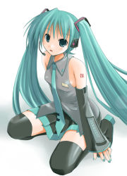 Rule 34 | arms at sides, black thighhighs, blouse, blush, boots, detached sleeves, green eyes, green hair, hatsune miku, headphones, long hair, microphone, miniskirt, necktie, shirt, skirt, sleeveless, solo, squatting, theta (ponkotsu works), thigh boots, thighhighs, twintails, very long hair, vocaloid, zettai ryouiki