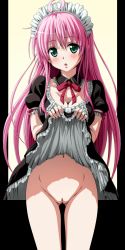 Rule 34 | 1girl, absurdres, ahoge, blush, breasts, cleavage, cleft of venus, clothes lift, colorized, detached collar, dress, dress lift, fingernails, frills, gluteal fold, green eyes, groin, highres, lala satalin deviluke, large breasts, long hair, looking at viewer, maid, maid headdress, navel, no panties, open mouth, pink hair, presenting, pussy, solo, standing, to love-ru, toshi (anime coloring), transparent background, uncensored