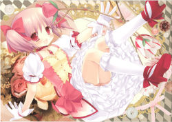 Rule 34 | 10s, 1girl, :d, argyle, argyle background, argyle clothes, blush, bow (weapon), buttons, choker, dress, flower, gloves, high heels, highres, kaname madoka, magical girl, mahou shoujo madoka magica, mahou shoujo madoka magica (anime), miyasu risa, open mouth, pink flower, pink hair, pink rose, red eyes, ribbon choker, rose, scan, shoes, smile, socks, solo, twintails, weapon