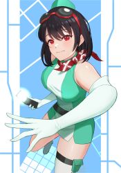 1girl absurdres bare_shoulders black_hair blue_background breasts cellphone cowboy_shot digimon digimon_story:_time_stranger dress elbow_gloves flip_phone gloves goggles goggles_on_head green_dress highres holding holding_phone large_breasts phone player_character_(female)_(digimon_story:_time_stranger) red_eyes short_hair simple_background sleeveless sleeveless_dress solo velantart white_dress white_gloves