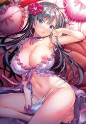 Rule 34 | 1girl, ahoge, armpits, bare legs, barefoot, bed sheet, black hair, blue eyes, bow, bow panties, bra, bra pull, breasts, choker, cleavage, clothes pull, copyright name, cover, cover page, covered erect nipples, feet, frilled bra, frills, hair between eyes, hair ornament, heart, heart-shaped pillow, highres, lace, lace-trimmed bra, lace trim, large breasts, lingerie, looking at viewer, navel, nipples, open mouth, original, panties, panty pull, pillow, purple bra, solo, thighs, toes, underwear, underwear only, undressing, white panties, yan-yam